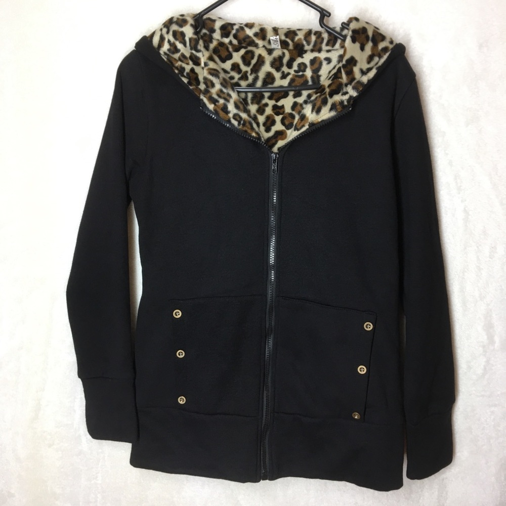 Aibeili Black Hoodie Sweatshirt Leopard Liner Med